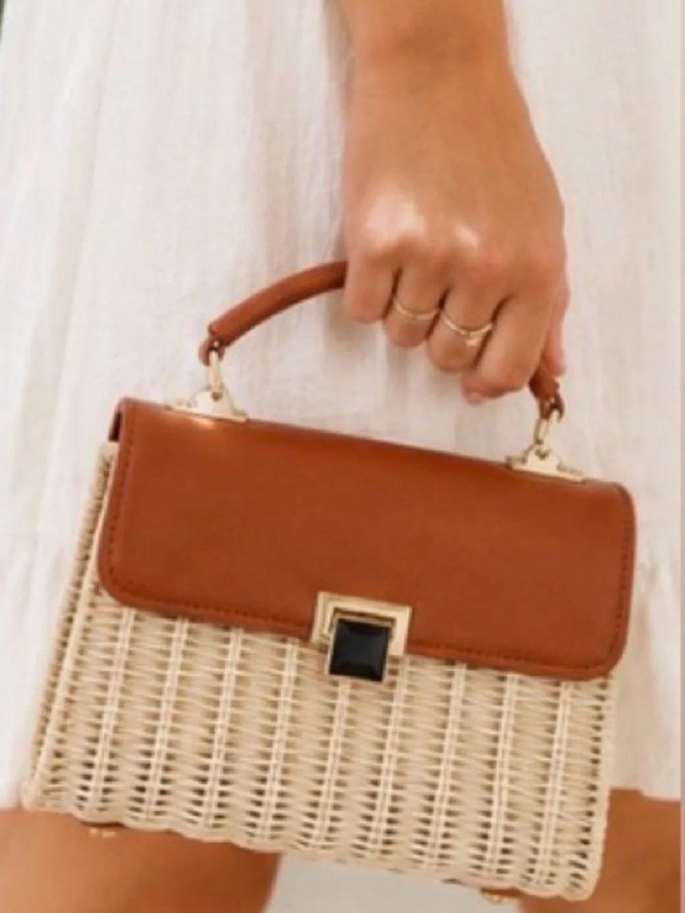 Tommy Bahama Tan Leather & Wicker Top-Handle Bag